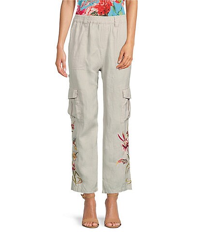 JOHNNY WAS Maisie Embroidered Floral Linen Cargo Pants