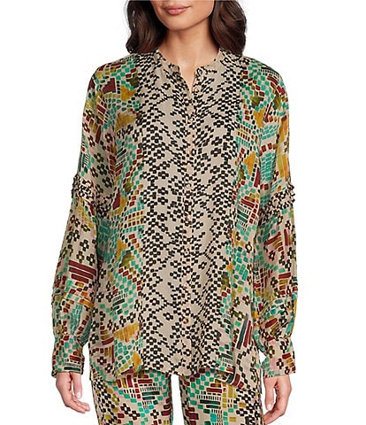 JOHNNY WAS Malina Printed Woven Banded Collar Long Sleeve Blouse