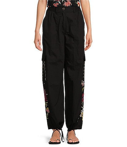 JOHNNY WAS Malory Woven Floral Embroidered Drawstring Hem Cargo Pants