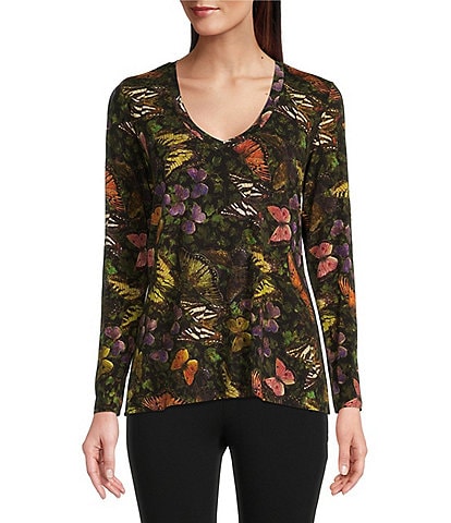 JOHNNY WAS Mariposa Print Favorite Bamboo Knit Jersey V-Neck Long Sleeve Tee