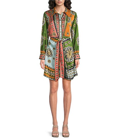 JOHNNY WAS Maxima Placement Patchwork Print Long Sleeve Tie-Waist Mini Shirt Dress