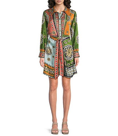 JOHNNY WAS Maxima Placement Patchwork Print Long Sleeve Tie-Waist Mini Shirt Dress