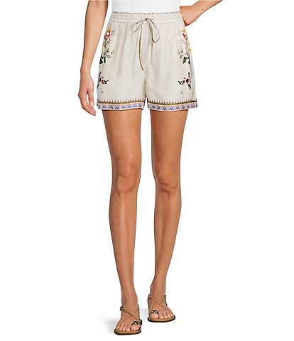 JOHNNY WAS Mayvis Floral Border Print Silk Blend Elastic Waist Drawstring Coordinating Shorts