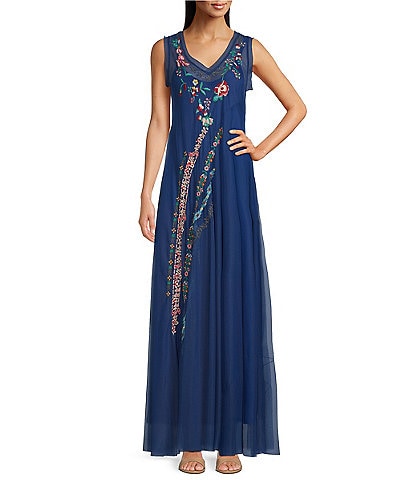 JOHNNY WAS Mazzy Embroidered Mesh V-Neck Sleeveless A-Line Maxi Dress