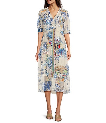 JOHNNY WAS Mazzy Floral Print Embroidered Mesh V-Neck Short Puff Sleeve Midi A-Line Dress