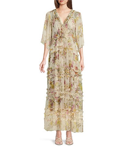 JOHNNY WAS Mimi Silk Antique Floral Print V-Neck 3/4 Sleeve Tiered Ruffled Trim Maxi Dress