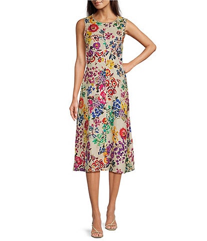 JOHNNY WAS Mixed Floral Printed Linen Crochet Trim Detail Round Neck Sleeveless A-Line Midi Dress