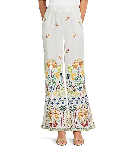 JOHNNY WAS Mixed Floral Printed Linen Elastic Waist Wide Leg Coordinating Pants