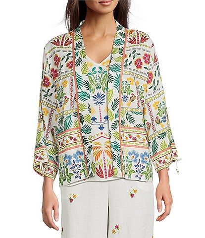 JOHNNY WAS Mixed Floral Printed Linen Long Sleeve Open-Front Cropped Kimono jacket