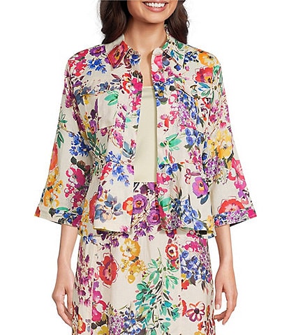 JOHNNY WAS Mixed Floral Printed Linen Point Collar 3/4 Sleeve Peplum Hem Jacket