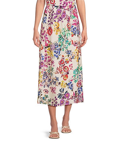 JOHNNY WAS Mixed Floral Printed Linen Seamed A-Line Pull-On Coordinaitng Midi Skirt