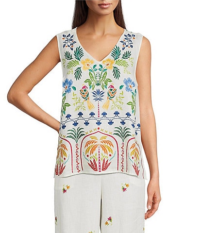 JOHNNY WAS Mixed Floral Printed Linen V-Neck Sleeveless Coordinaiting Tank