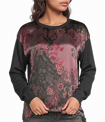 JOHNNY WAS Mixed Media Silk Floral Print Front Crew Neck Drop Shoulder Long Sleeve Merino Wool Pullover Top