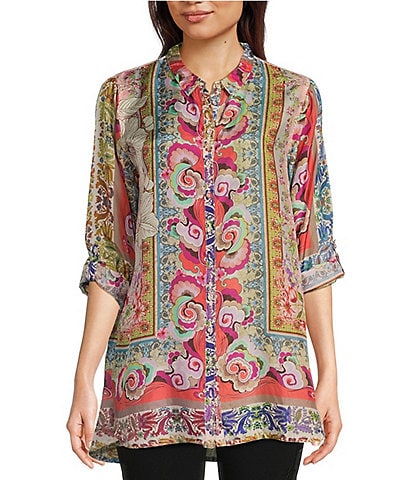 JOHNNY WAS Modey Delia Mixed Print Long Sleeve Button-Front Silk Tunic