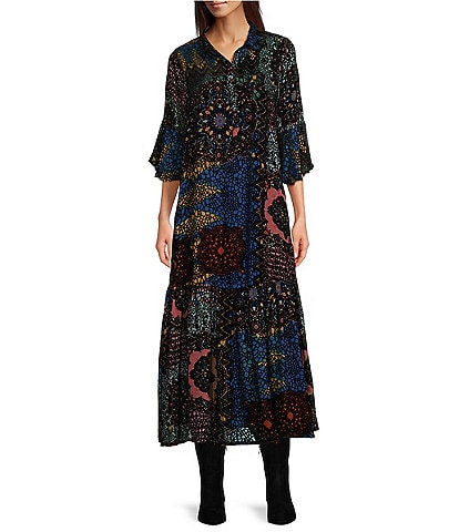 JOHNNY WAS Nash Burnout Velvet Patchwork Print V-Neck 3/4 Sleeve A-Line Midi Dress