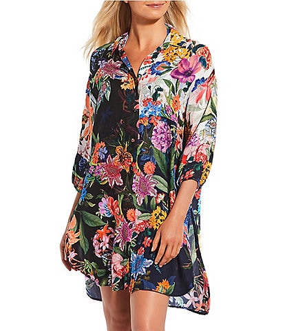 JOHNNY WAS Neon Jungle Button Up Tunic Swim Cover Up