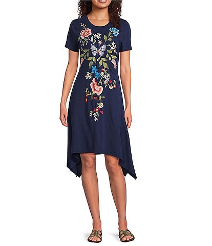 JOHNNY WAS Nicolette Embroidered Placement Floral Cotton Knit Crew Neck Short Sleeve Handkerchief Hem Dress