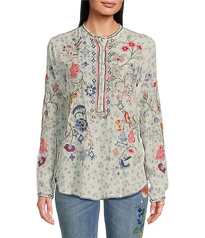 JOHNNY WAS Nya Silk V-Neck Long Sleeve Floral Embroidered Blouse