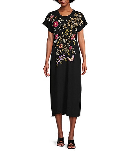 JOHNNY WAS Osaka Cotton Knit Embroidered Placement Floral Motif Short Sleeve Midi Shift Dress