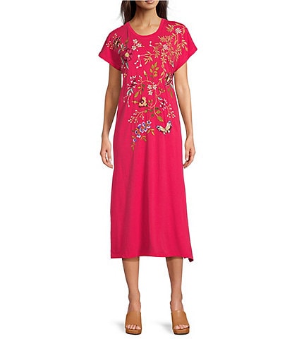 JOHNNY WAS Osaka Cotton Knit Embroidered Placement Floral Motif Short Sleeve Midi Shift Dress