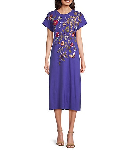 JOHNNY WAS Osaka Cotton Knit Embroidered Placement Floral Motif Short Sleeve Midi Shift Dress