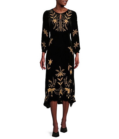 JOHNNY WAS Palmira Gold Placement Embroidered Velvet Split Neck Bracelet Sleeve A-Line Midi Dress
