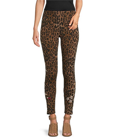 JOHNNY WAS Penelope Embroidered Leopard Print Knit Pull-On Ankle Legging