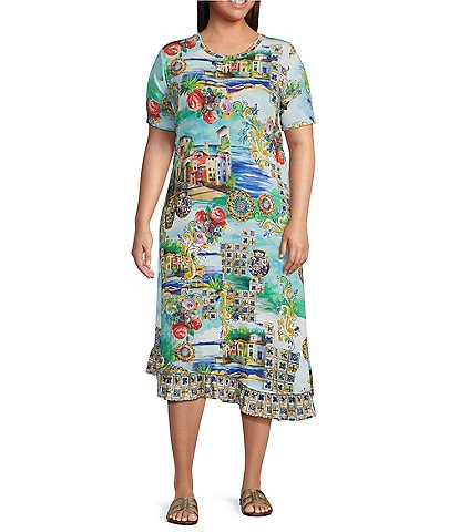 JOHNNY WAS Plus Janie Favorite Scenic Print Knit Crew Neck Short Sleeve Asymmetrical Hem Midi Dress
