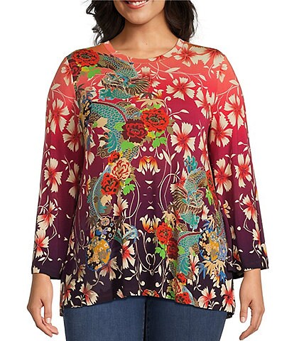 JOHNNY WAS Plus Size Adalena Floral Print Bamboo Knit jersey Crew Neck Kimono Sleeve Tee Shirt