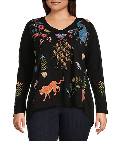 JOHNNY WAS Plus Size Adela Placement Floral & Wildlife Embroidered V-Neck Long Sleeve Slit Cuff Tee Shirt