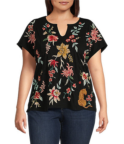 JOHNNY WAS Plus Size Andrean Embroidered Knit Jersey Split V-Neck Cap Sleeve Tee