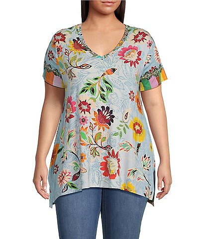 JOHNNY WAS Plus Size Bamboo Knit Rainbow Floral Print V-Neck Short Sleeve Draped Tunic