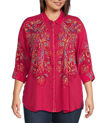 JOHNNY WAS Plus Size Cachemire Point Collar Long Sleeve Floral Embroidery Button Front Tunic