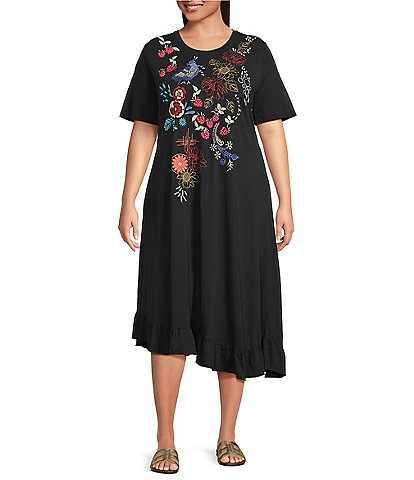 JOHNNY WAS Plus Size Cora Embroidered Floral Cotton Knit Crew Neck Short Sleeve Asymmetrical Ruffle Hem Dress