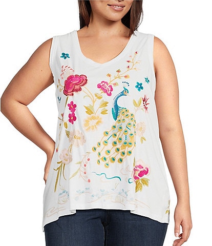 JOHNNY WAS Plus Size Cotton Knit Jersey Placement Embroidery Raw Edge Trim V-Neck Sleeveless Tank