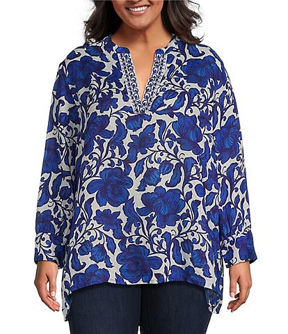 JOHNNY WAS Plus Size Henley Voyager Woven Ramie V-Neck Long Sleeve Embroidered Tunic