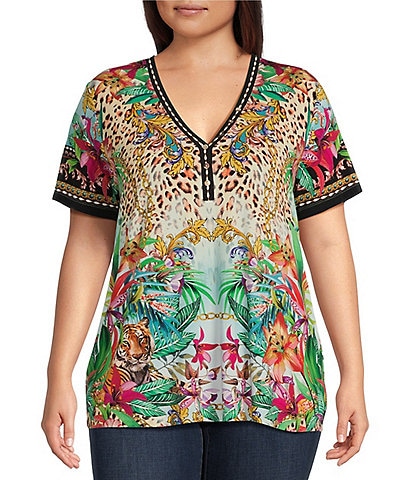 JOHNNY WAS Plus Size Janie Favorite Animal & Floral Print Knit Jersey Henley V-Neck Short Sleeve Tee Shirt