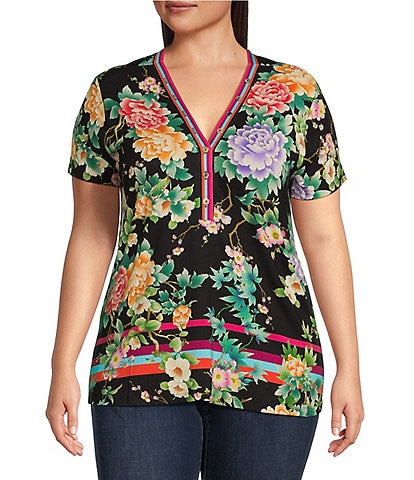 JOHNNY WAS Plus Size Janie Favorite Le Jardin Floral Bamboo Knit Jersey V-Neck Short Sleeve Tee Shirt
