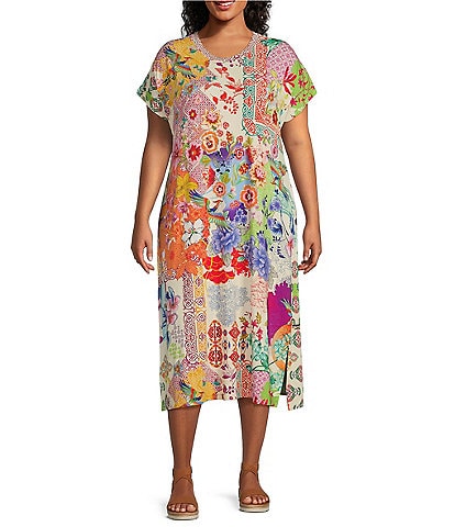 JOHNNY WAS Plus Size Janie Favorite Patchwork Floral Print Knit Jersey Crew Neck Short Sleeve Midi Shift Dress
