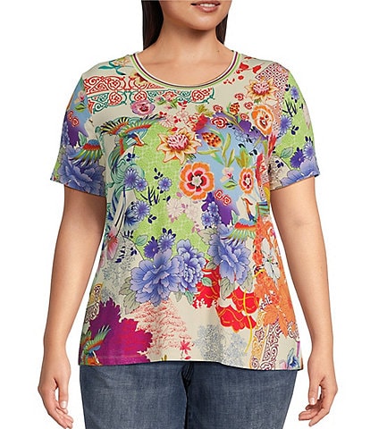 JOHNNY WAS Plus Size Janie Favorite Patchwork Print Knit Jersey Crew Neck Short Sleeve Tee Shirt