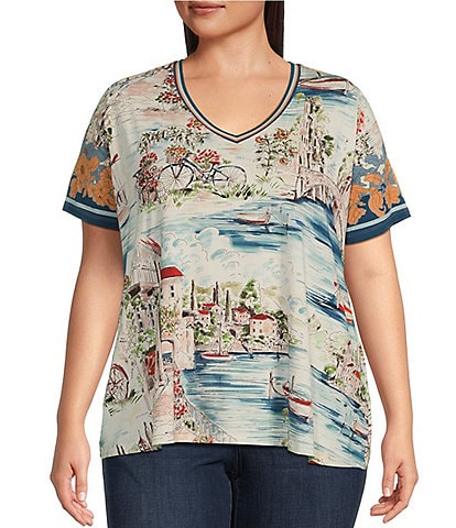 JOHNNY WAS Plus Size Janie Favorite Scenic Print Bamboo Knit Contrast Stripe V-Neck Short Sleeve Tee Shirt