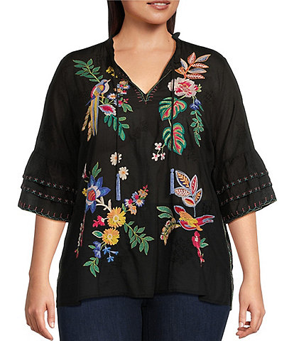 JOHNNY WAS Plus Size Jeanette Embroidered Floral Split V-Neck 3/4 Ruffle Sleeve Cotton Blouse