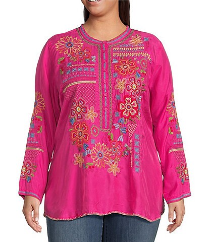 JOHNNY WAS Plus Size Katie Embroidered Floral Geo Motif Round Neck Long Sleeve Half Placket Blouse