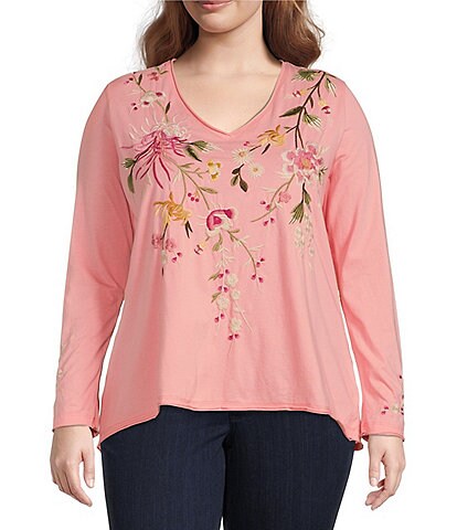 JOHNNY WAS Plus Size Mei Embroidered Floral Motif Long Sleeve Relaxed Fit Tee