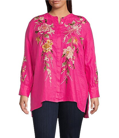 JOHNNY WAS Plus Size Mei Voyager Embroidered Floral Motif Long Sleeve Linen Tunic