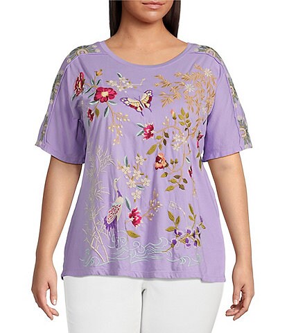 JOHNNY WAS Plus Size Osaka Embroidered Garden Floral Motif Short Sleeve Cotton Knit Top