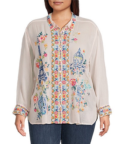 JOHNNY WAS Plus Size Sydnee Woven Embroidered Point Collar Long Sleeve Button Front Blouse