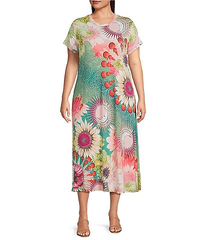 JOHNNY WAS Plus Size The Janie Favorite Emily Abstract Floral Print Knit Jersey Crew Neck Cap Sleeve Midi Dress
