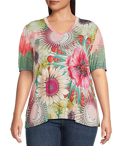 JOHNNY WAS Plus Size The Janie Favorite Emily Abstract Floral Print V-Neck Short Puff Sleeve Knit Tee