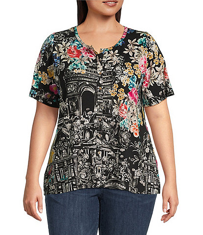 JOHNNY WAS Plus The Janie Favorite Floral & Architecture Print Knit Round Neck Short Elbow Sleeve Button-Front Tee